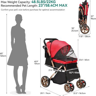 Візок для собак та котів YITAHOME, 22 кг, складання, з кошиком для зберігання, поворотні колеса, сітчасті вікна та двері (Червоний)