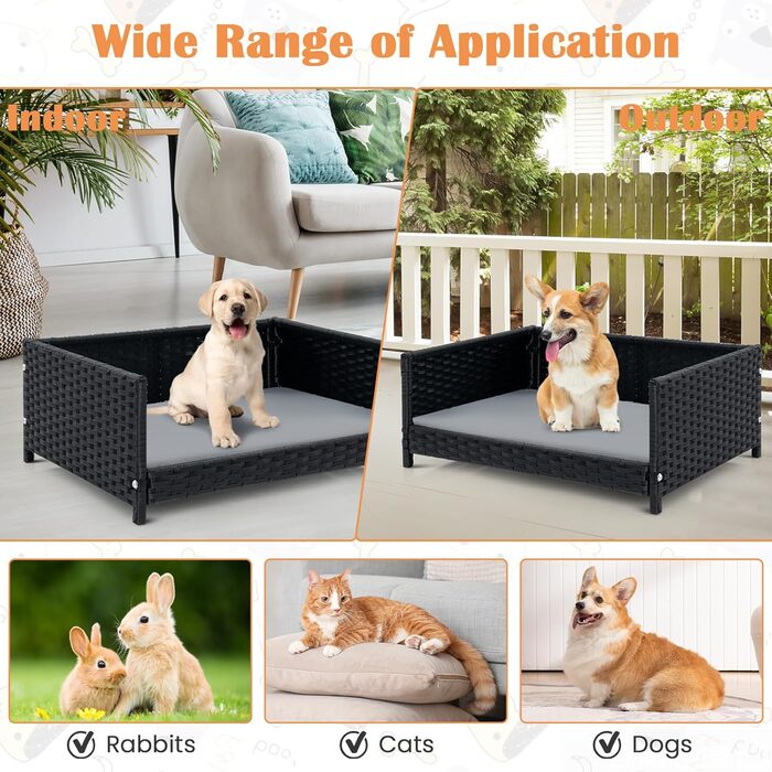 Собаче ліжко SOARS з ротангу, кошик для собак з подушкою, знімний та пральний чохол, підняте собаче ліжко для маленьких та середніх собак, диван для собак для дому та на вулицю, 62 x 46 x 25 см