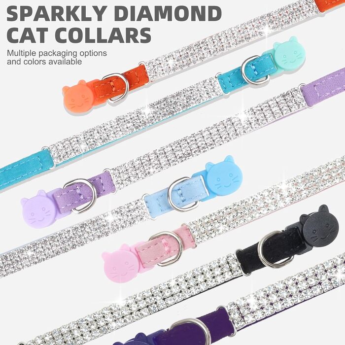 Нашийник для котів ExPawlorer з дзвіночком та стразами, на м'якому оксамиті, регульований, безпечний, для котів та маленьких собак, 2 шт., 9'-12' (Синій та фіолетовий)