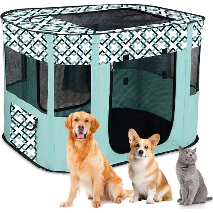 Розкладний вольєр для цуценят, переносний вольєр для тварин, вольєр для цуценят, вольєр для тварин в приміщенні, розкладний вольєр для кошенят, цуценят, кроликів, L (Сірий) (В клітинку, 110 * 85 * 58 см)