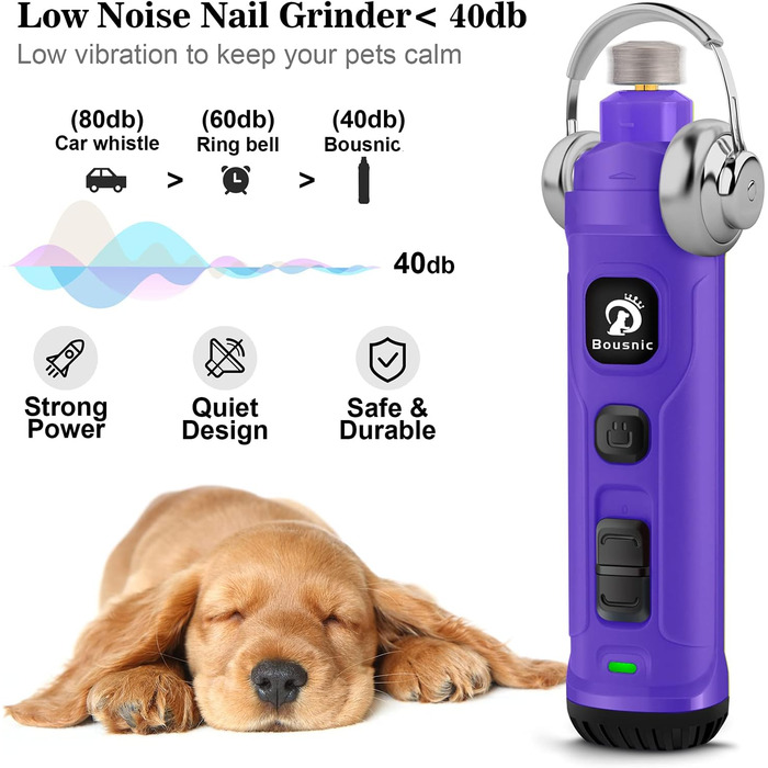 Шліфувальник для собак Bousnic Krallenschleifer: тихий електричний триммер з LED-підсвічуванням для собак та котів середніх та малих порід, фіолетовий
