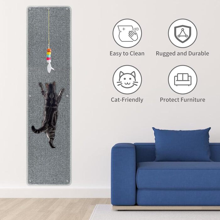 Килимок для дряпання котів на стіну 180 x 40 см, великий, сизаль, міцний, з 16 надійними цвяхами, захист меблів