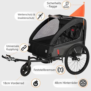 Дитячий велопричіп 2в1 з функцією коляски та бігуна, амортизація, регульована ручка-штовхач та гальма, для 1-2 дітей, до 40 кг, чорний