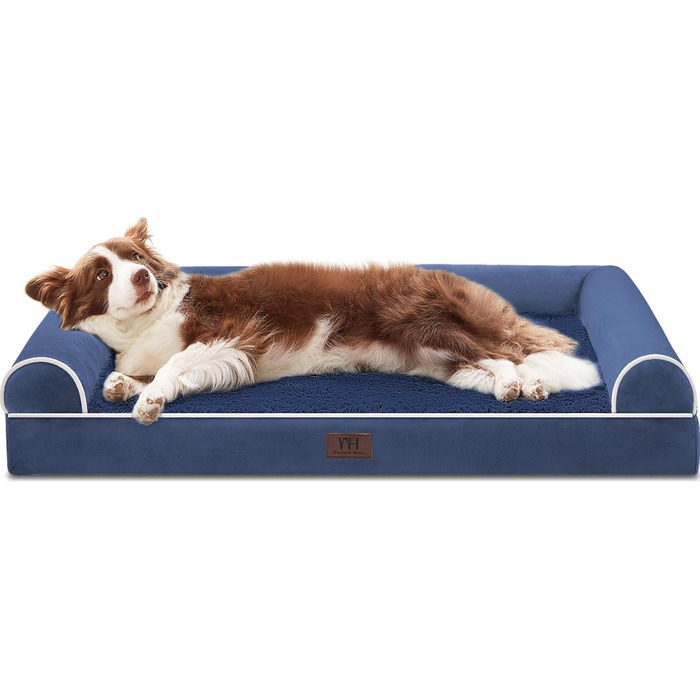 Ортопедичне ліжко для собак Western Home великих та середніх порід, велике, миється, з бортиком, 71x58x16 см, Navy Blue