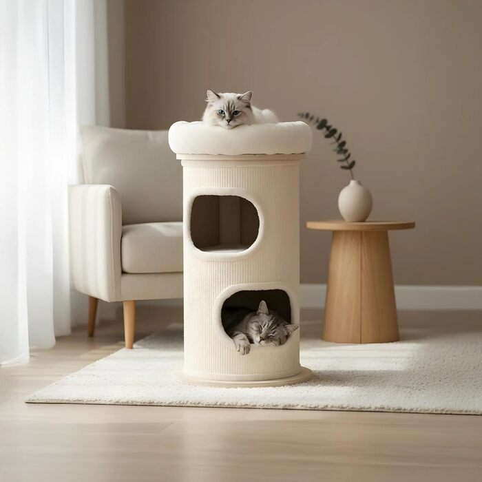 Драбина-будинок для котів PetRhein з сизалю, з печерею та плюшевим краєм, висота 89 см. Стабільна драбина для котів будь-якого розміру, ідеальна для догляду за кігтями та розваг. З зручною лежанкою зверху та компактною основою (діаметр 48 см, висота 89 см