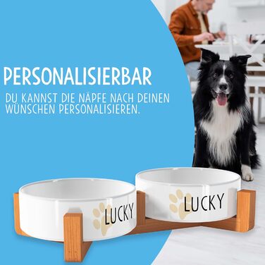 Персоналізована миска для собак OWLBOOK з ім'ям: миска для корму та води з кераміки та бамбука, 300 мл, з лапками