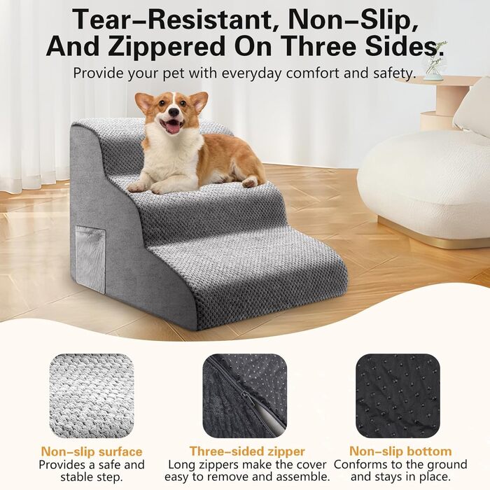 Сходинка для собак та котів на 3 сходинки, 40 см, з неслизьким покриттям. Зручна рампочка для собак та котів похилого віку, маленьких порід. Виготовлена з 30D піни, знімна та миється. Підходить для софи, ліжка, авто.