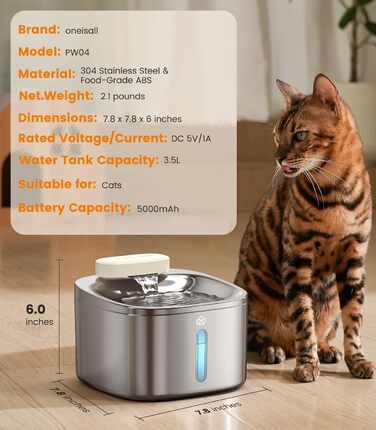 Бездротовий фонтан для котів oneisall 3.5L з нержавіючої сталі, акумулятор 5000mAh, з датчиком руху, тиха помпа, 3 фільтри