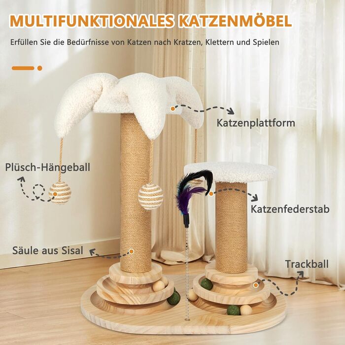 Інтерактивна іграшка для котів 6 в 1, дерев'яні котячі меблі з підвісними кульками, пір'ями, поворотним шариком, котячий когтетоп з сизалю та джуту для кошенят та середніх котів, зелений (білий)