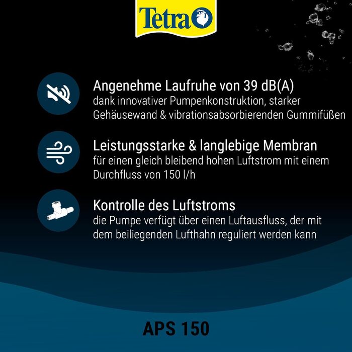 Tetra APS 150 тиха мембранна повітряна помпа для акваріума 80-150 л, чорна