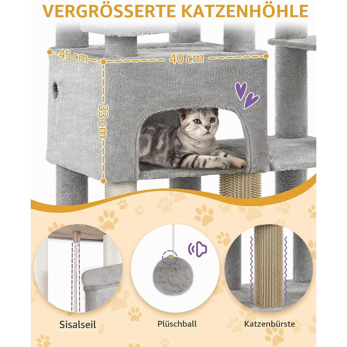 Ігровий комплекс для котів Hzuaneri XXL: великий кігтеточильник (185 см) з 10 стовпчиками, світло-сірий, 68 x 45 x 185 см