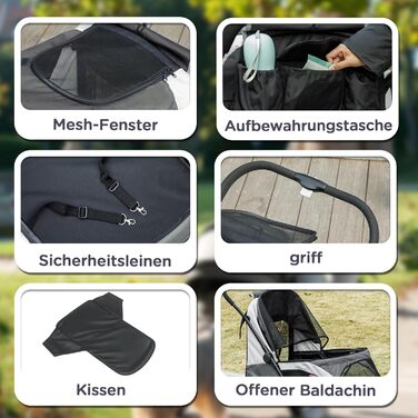 Візок для собак та котів PawHut - розкладний, до 30 кг, з подушкою, сіткою, гальмівною системою та гамаком. Колір: темно-сірий