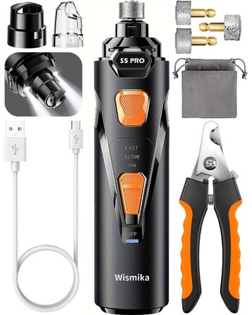 Електрична машинка для підстригання кігтів собак та котів: тиха, з LED-підсвіткою та 2 швидкостями | Перезаряджувана з 3 насадками та аксесуарами | Для безпечного догляду за кігтями