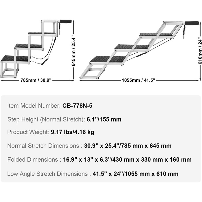 Сходинка для собак VEVOR у автомобіль: 4 сходинки, широка, складна, з антиковзким покриттям, легка алюмінієва трепічка для авто, SUV та вантажівок