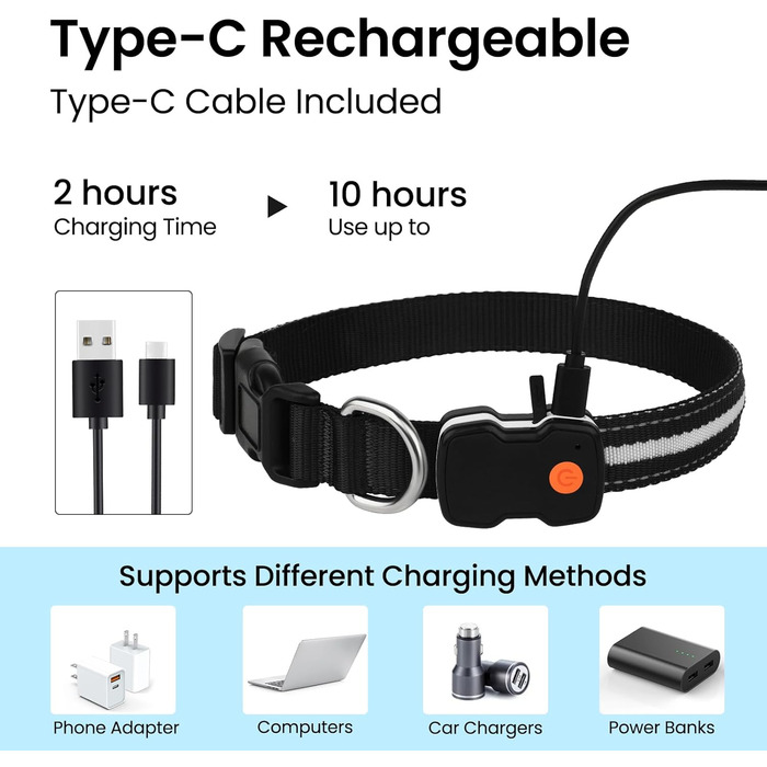 Світлодіодне нашийник для собак Masbrill з підзарядкою, 7 кольорів RGB, 8 режимів свічення, регульований, водонепроникний, для собак малого, середнього та великого розміру, чорний, розмір M