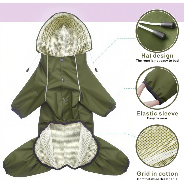 Водонепроникний дощовик для собак Idepet: тепла куртка з капюшоном для малих та середніх собак, зелений, 4XL