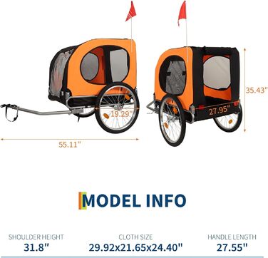 Причіп-коляска для собак до 40 кг - 88 lbs - міцна сталева рама, колеса 16 дюймів, нековзний підкладка, для активного відпочинку, помаранчевий