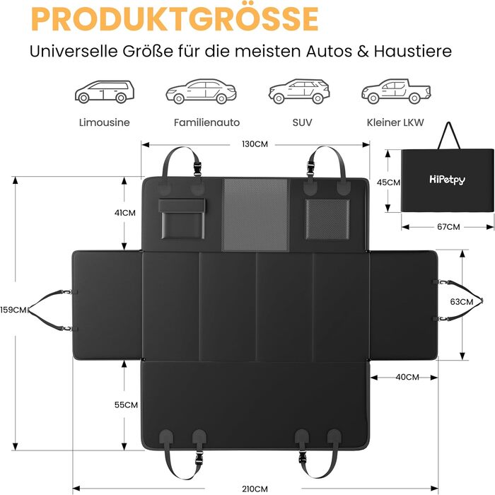 Захист для заднього сидіння автомобіля HiPetpy: водовідштовхувальна підстилка для собак з PU-шкіри, міцна (204 кг), антиковзаюча, для SUV, універсал, чорна