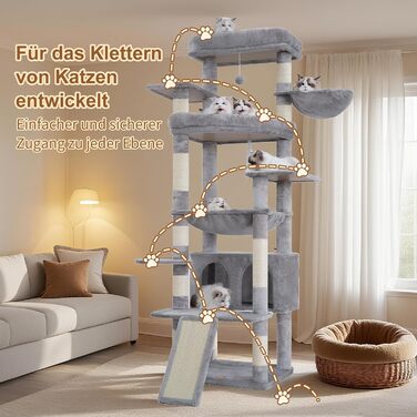 Кігтеточка Heybly для котів, 202 см з 2 великими лежаками, когтешкребком, великою печерою, кошиком, сизалевим стовпом та гамаком. Підходить для дорослих котів, світло-сіра HCT038W