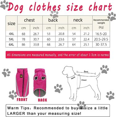 Зимова куртка для собак, тепла водонепроникна куртка для середніх та великих собак, флісова підкладка, світловідбиваючі елементи, для Лабрадора, Бульдога, Самоеда (5XL/60см, Рожевий)