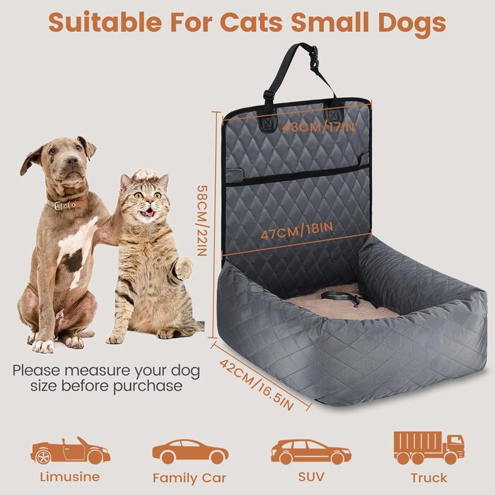 Крісло-підвищення для собак у машину 2 в 1 з підстилкою та ременем безпеки (Сірий, M)