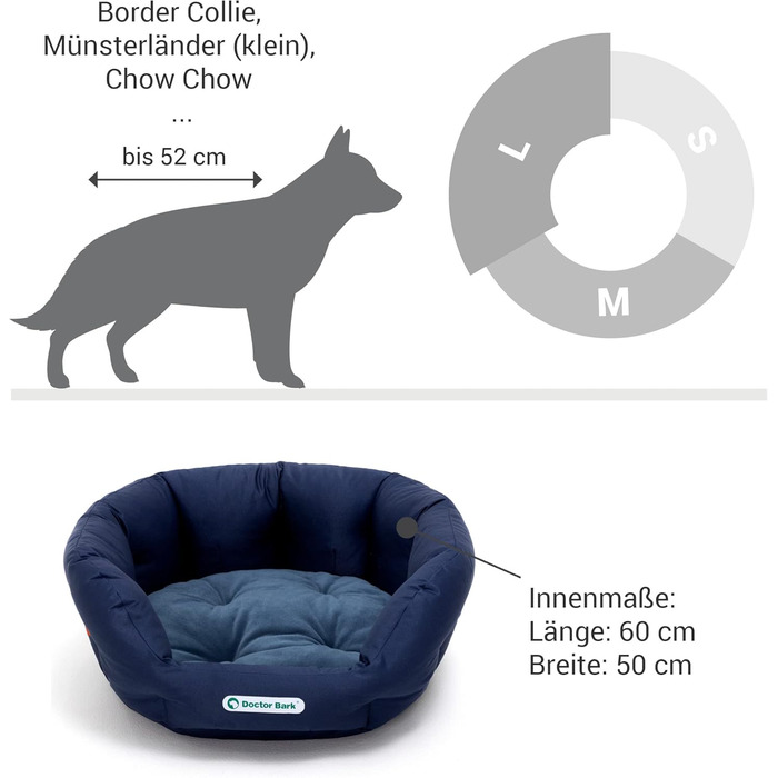 Кругле ліжко для собак Doctor Bark - м'яке собаче гніздочко для собак середніх порід з ортопедичною подушкою та іграшкою-кісткою. Можна прати до 95°C. Виготовлено в Німеччині (L - 60x50 см, Кьонігсблау)
