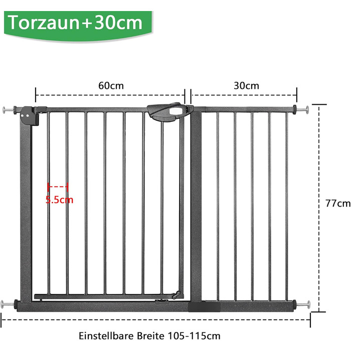 Захист для воріт/сходи: сітка без свердління, 105-115 см. Ідеально для собак та дітей. Двозамкове закриття, автоматичне закриття, відкривання однією рукою, стопор 90°, білий колір.