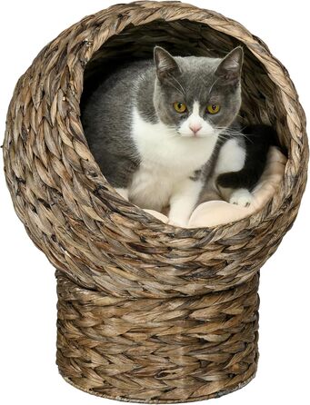 Лежак-будка для кота PawHut з ротангу з подушкою, темно-коричневий, 42x33x52 см