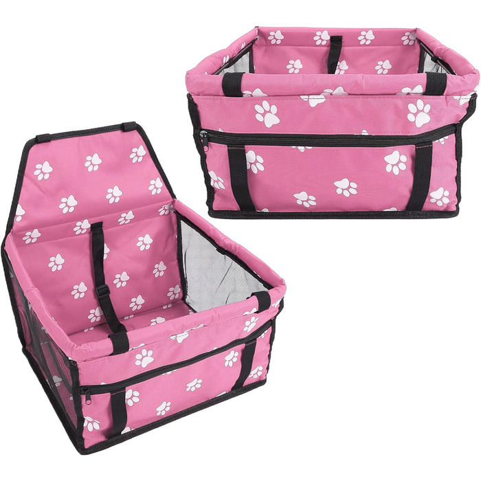 Транспортувальна сумка для тварин з принтом лап, складана переноска для собак з тканини, миється, з ременями безпеки та підпоркою - Комфортна та безпечна для авто та подорожей (Сіра підпорка з лапами, рожева підпорка з лапами)