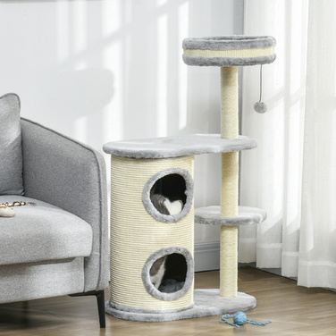 Кігтеточка PawHut Cat з 2 отворами, мотузковий стовпчик з сизалю, кілька платформ, м'яка плюшева та м'ячова іграшка, сіра 59x35x100 см