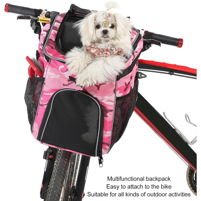 Корзина для собак у велосипед, велика місткість, водовідштовхувальна, дихаюча, для легкої збірки та чищення, сумка-переноска для тварин для подорожей на природі (Рожевий камуфляж)