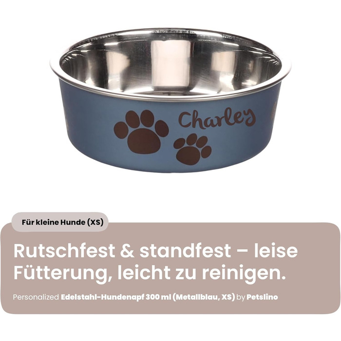 Персоналізований миска для собак з нержавіючої сталі 2200 мл – протиковзкий кільце – для великих собак – з іменем – Petslino (Металево-блакитний, XS)
