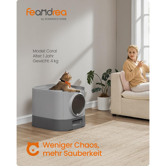 Туалет для котів Feandrea XXL з кришкою, висувним лотком, совком і щіткою, для котів різних розмірів, мінімум слідів, сіро-графітовий