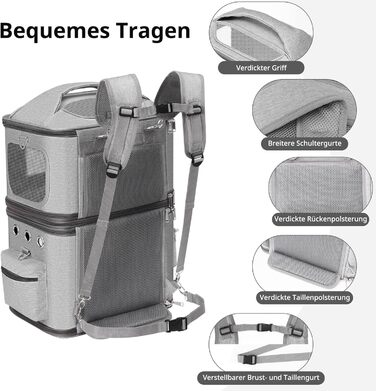 Рюкзак-переноска для котів FASNATI на 2 котів до 12 кг, сірий, для подорожей та кемпінгу