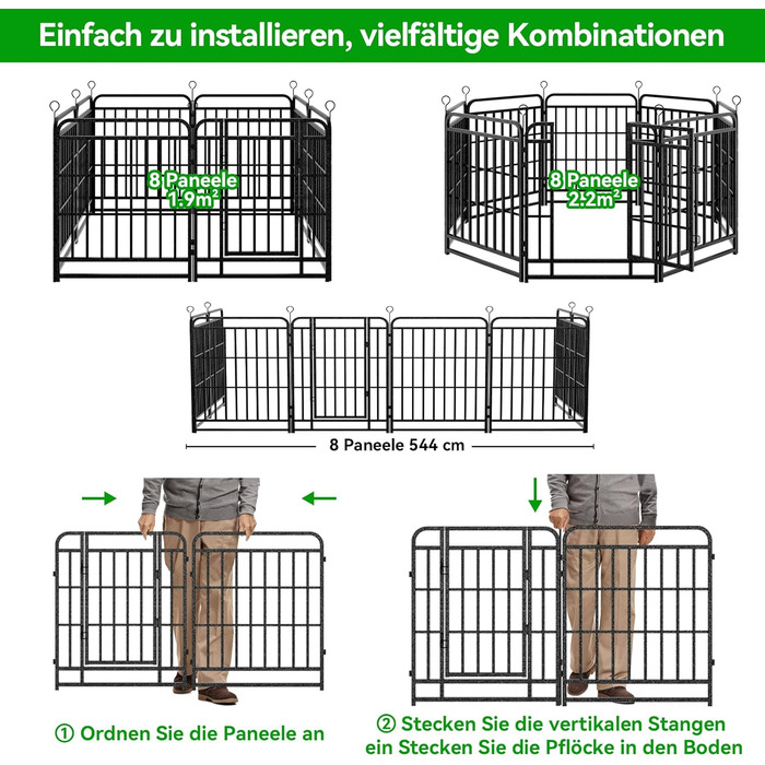 Кіягро вольєр для цуценят 544см, 8-секційний розкладний вольєр для тварин з дверима, вольєр для собак, котів, кроликів, для саду, збірка без інструментів, 80см у висоту