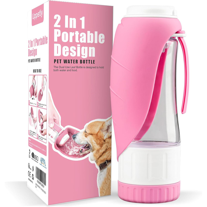 Водяна пляшка для собак Uppetly з контейнером для корму та дозатором води, витокозахисна, BPA-free, портативна, складана, для прогулянок, рожева