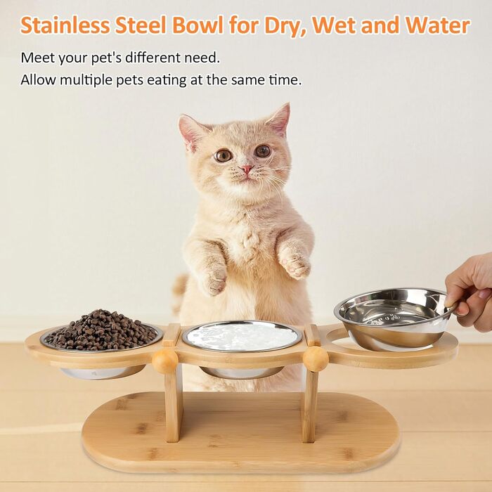 Підвищений годівниця для котів Katzennapf з 3 мисками з нержавіючої сталі, регульована висота, дерев'яний підставник, ергономічна станція для годування, миска для води для котів та маленьких собак