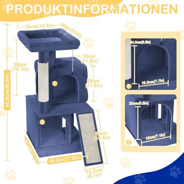 Драбина-кіготь для котів Naizy K1138, XXL, 49x41x93 см, з сизалевими стовпчиками та будиночком, блакитна