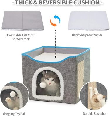 Будиночок для котів Fluffy Paws Store – велика м'яка котяча нора для домашніх котів з підвішеним пухнастим м'ячем і кігтеточкою, складаний кішковий будинок 41,9x41,9x33 см, сірий