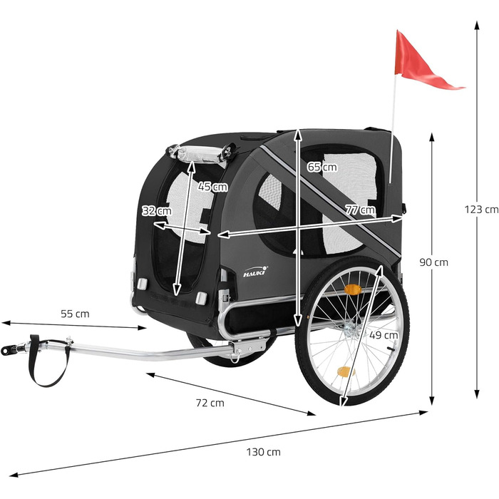 Фаркоп-причіп для велосипеда 2в1 Hauki: собачий візок та причіп, чорно-сірий, 130x72x90 см, для собак до 40 кг, з відбивачами, мотузкою та прапорцем