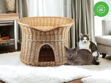 Великий овальний котячий кошик з лози, двоповерхове лежанка для котів та собак, 60 см, натуральний колір, для дому