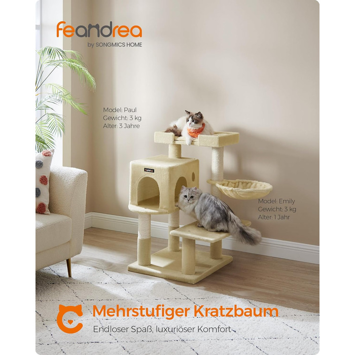 Feandrea Котячий комплекс з когтеточками, велика платформа, будиночок, кошик, знімні подушки, бежевий
