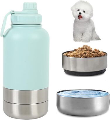 Водяна пляшка для собак 950 мл 3-в-1 з мискою, ізольована, нержавіюча сталь, для подорожей, Fressnapf, термопляшка для собак, Outdoor (Блакитний, L)