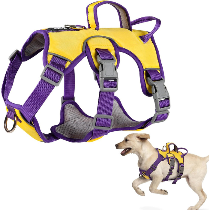 Нашийник для собак від виривання, нашийник-запобіжник з двома ручками та двома карабінами для собак середніх та маленьких порід, цуценят (чорний) з двома передніми карабінами (M, жовтий)