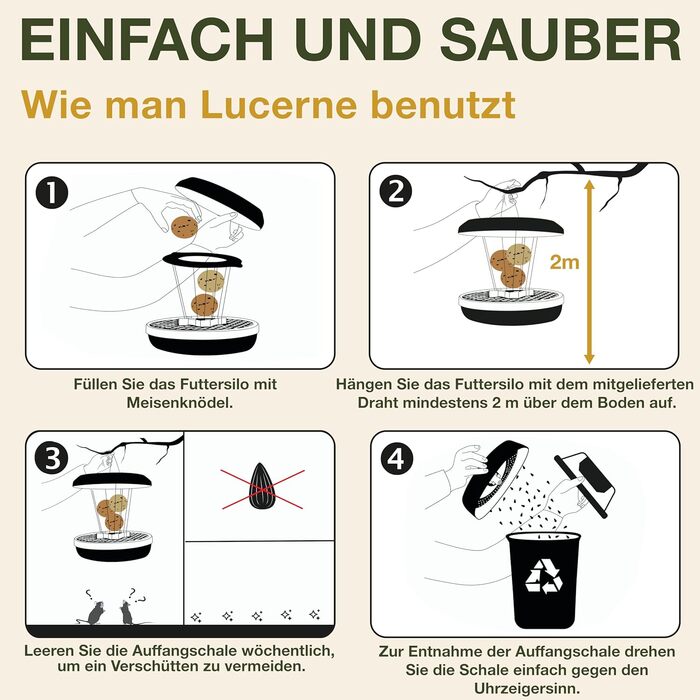 Підвісна годівниця для птахів SWISSINNO Lucerne SMART, захист від щурів, тримач для 7 кульок, із піддоном, зелена