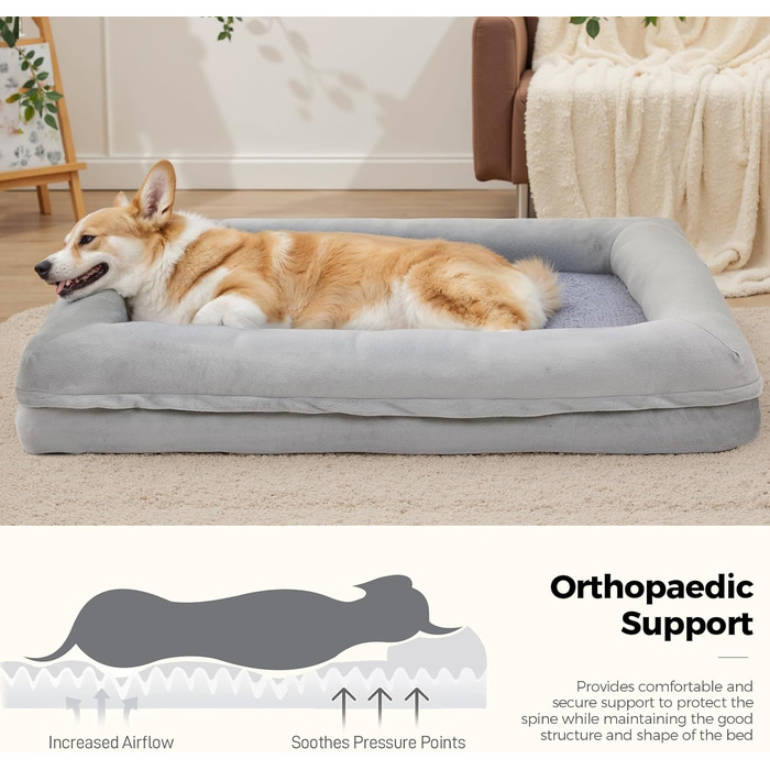 Велике лежанка для собак, водовідштовхувальна, ортопедична з memory foam, знімний чохол, неслизьке дно, для котів та собак, сіра, 76x58x14 см