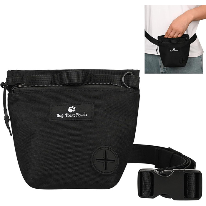 Сумка для ласощів для собак з магнітною застібкою та регульованим поясом, навчальна сумка, портативна сумка для перекусів для прогулянок на відкритому повітрі (Чорний, принт з тваринами)