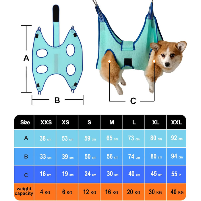 Гамак для грумінгу собак, гамак для догляду за собаками, набір для стрижки кігтів з гамаком, гамак для грумінгу собак з широким ременем (середній, до 16 кг, блакитний)