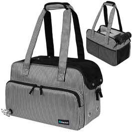 Сумка-переноска для тварин PetAmi, м'яка, з кишенями, для собак, кошенят та великих котів, дозволена для перельотів, з дихаючою сіткою, дозатор для відходів, до 8,2 кг, в смугастих кольорах, чорно-біла