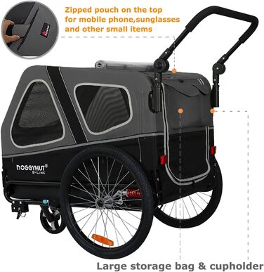 Doggyhut S-Line XL Візок-причіп для собак з амортизацією 2-в-1, велосипедний причіп та біговий візок для собак до 45 кг